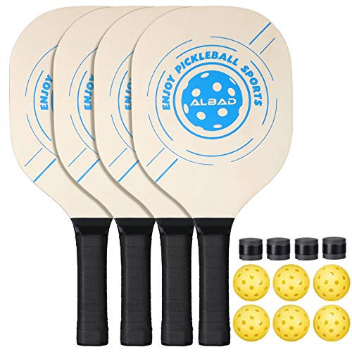Pickleball Paddle Durable Bundle Premium Pickleball Paddles 4 pack Professional Indoor  and  Outdoor Pickleball Set Lightweight Pickleball Racket with 4 Wood Paddles  plus 6 Yellow balls and 1 carrying bag