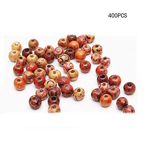 400PCS DLOnline 10mm natural painted wood beads Painted Pattern Barrel Beads Wooden Beads Mixed Wood Loose Beads for jewelry making craft hair diy macrame rosary bracelet necklace mix color