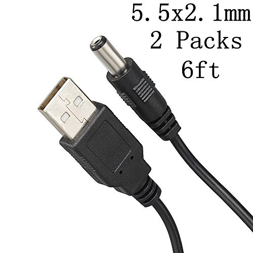 EEkiimy 2 Packs 6ft USB 2.0 A Male to DC 5.5x2.1mm 5 Volt DC Connector Charge Barrel Jack Power Cable Black 5.5mm x 2.1mm DC Power Adapter DC to Usb Converter Cord 5V 2A DC Cord (6ft)
