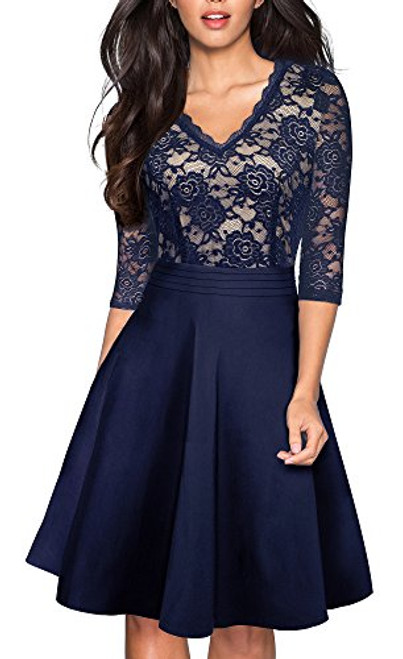 HOMEYEE Women s Chic V-Neck Lace Patchwork Flare Party Dress A062  10 Dark Blue