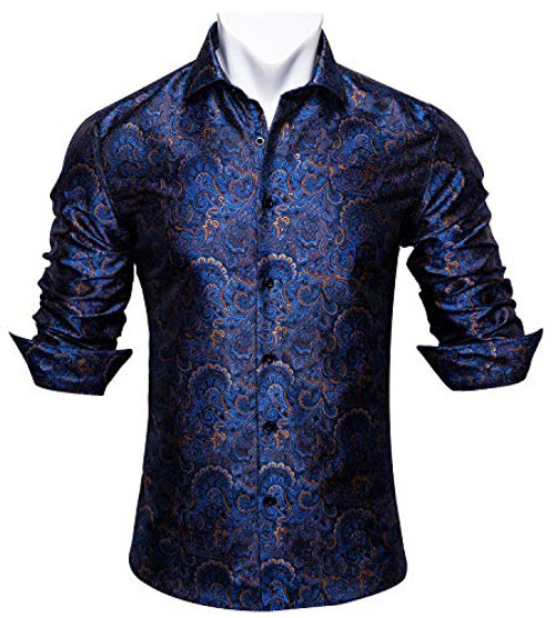 Barry.Wang Men ShirtsPaisley Flower Woven Silk Dress Shirt Long Sleeve Formal Leisure  Blue and Gold Paisley Medium -B 21.5 inch  W 20.5 inch   SW 18 inch