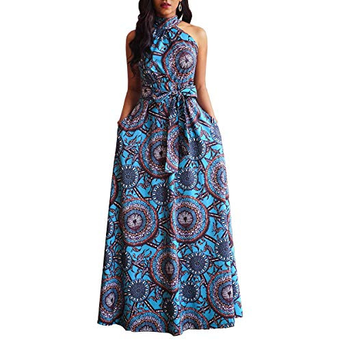 VERWIN Floor Length Lace-Up High Waist Stand Collar Sleeveless Women s Maxi Dress Print Dress Brown  XX-Large Blue