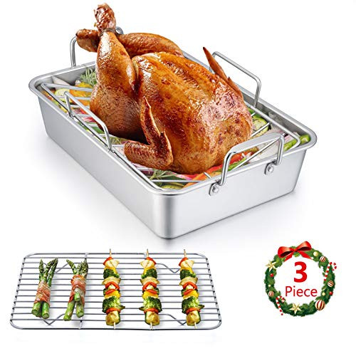 Roasting Pan E-far 14 Inch Stainless steel Turkey Roaster with Rack Include Deep Lasagna Pan and V-shaped Rack and Roasting Rack Non-Toxic and Heavy Duty Easy Clean and Dishwasher Safe - Rectangular Roasting Pan E-far 14 Inch Stainless steel Turkey Roaster with Rack Include Deep Lasagna Pan and V-shaped Rack and Roasting Rack Non-Toxic and Heavy Duty Easy Clean and Dishwasher Safe - Rectangular