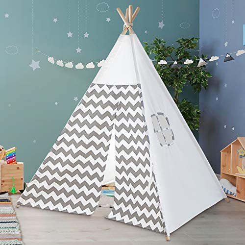Myshle Teepee Tent for Kids- Play Tent for Boy Girl Indoor and Outdoor with Carry Case and Bunting Gray Stripe Heavy Cotton Canvas Teepee Myshle Teepee Tent for Kids- Play Tent for Boy Girl Indoor and Outdoor with Carry Case and Bunting Gray Stripe Heavy Cotton Canvas Teepee