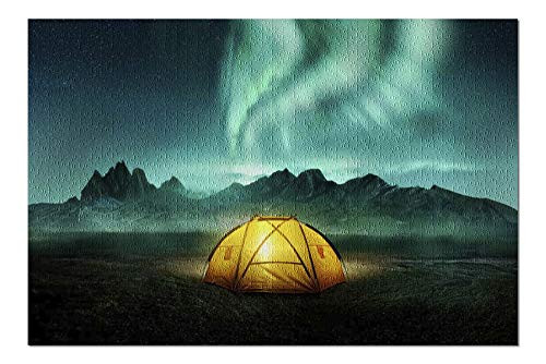 Lantern Press Glowing Yellow Camping Tent Under a Beautiful Green Northern Lights Aurora 9027593  1000 Piece Premium Jigsaw Puzzle for Adults and Family 19x27