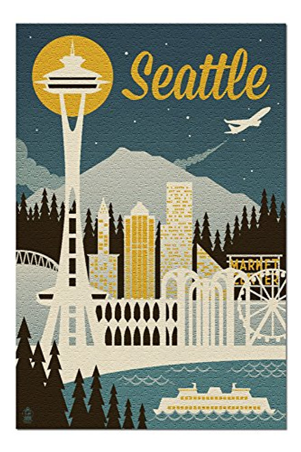 Lantern Press Seattle Washington - Retro Skyline 47087  1000 Piece Premium Jigsaw Puzzle for Adults and Family 19x27