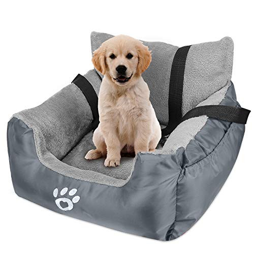 FAREYY Dog Car Seat for Small Dogs or Cats Pet Booster Seat Travel Dog Car Bed with Storage Pocket and Clip-On Safety Leash Washable Warm Plush Dog Car Safety Seats  Grey