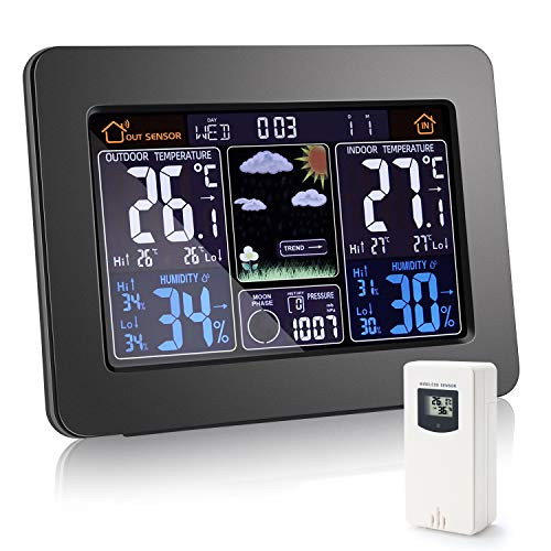 YISUN Wireless Weather Station Digital Color Display Weather Station with Outdoor Sensor Temperature Humidity Monitor Alarm Clock Icing Alarm Moon Phase Barometer Temperature Indoor Outdoor