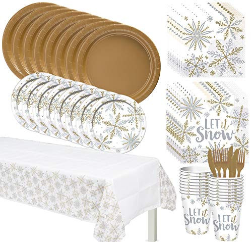 Party City Shining Snow Tableware Kit for 16 Guests Party Supplies Includes Table Covers Cutlery