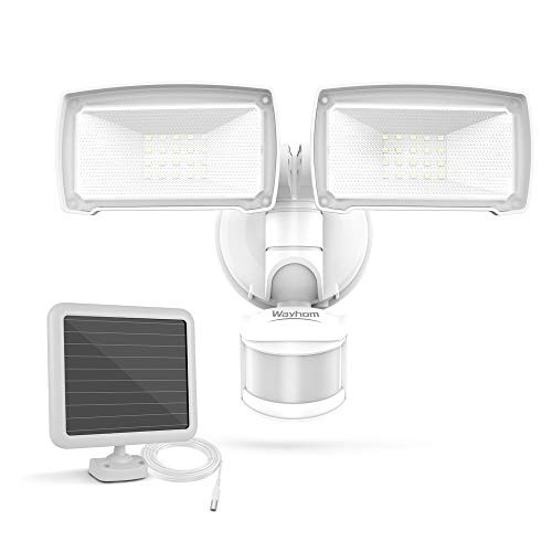 LED Solar Security Light Wayhom 1500LM Solar Motion Sensor Light Outdoor Works on Rainy Days 2 Head Solar Motion Flood Light 5500K IP65 Waterproof Exterior Lighting for Garage Yard Patio Porch