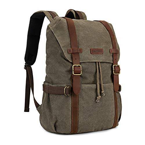 Kattee Canvas Leather Backpack Hiking Backpack Travel Rucksack School Bag