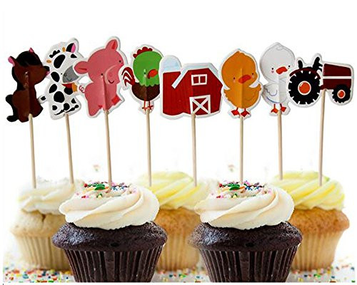 48Pcs Farm Animals Cupcake Muffin Topper Picks Cake Decoration Baby Shower Birthday Party Favors Animals Zoo Cow,Chickens,Ducklings,Pigs,Horses,Tractors