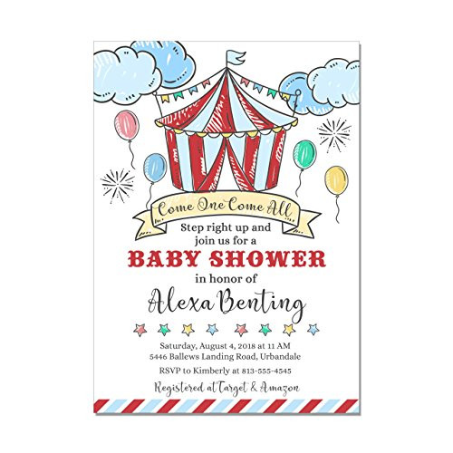 Circus Big Top Gender Neutral Baby Shower Invitations Base price is for a set of 10 5x7 inch card stock invitations with white envelopes