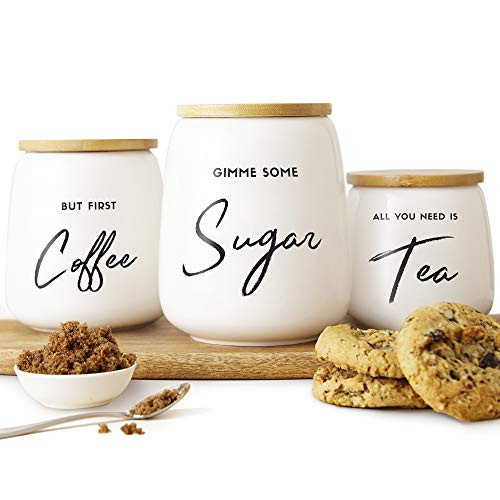 Airtight Kitchen Canister Set of 3 for the Kitchen Counter  and  Coffee Bar   Coffee Tea Sugar Ceramic Canister Set with Airtight Bamboo Lids   Fun Canister Sets for the Kitchen