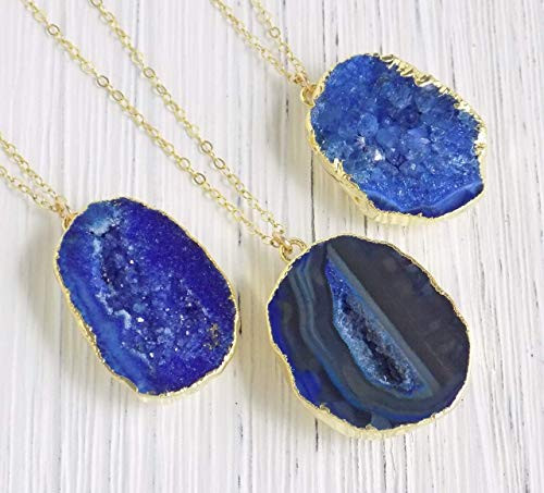 Navy Blue Geode Necklace Druzy Pendant Agate Crystal Gemstone Boho Gold Layer G9-965 Navy Blue Geode Necklace Druzy Pendant Agate Crystal Gemstone Boho Gold Layer G9-965