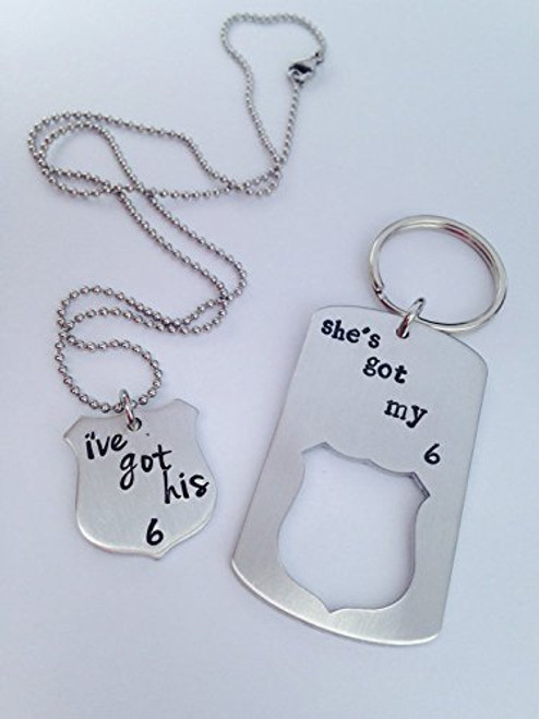 Police Wife Gift Set I ve got your 6 badge necklace with She s got my 6 badge cut out key chain- Thin Blue Line jewelry Police Wife Gift Set I ve got your 6 badge necklace with She s got my 6 badge cut out key chain- Thin Blue Line jewelry