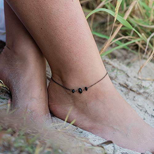 Black tourmaline beaded chain crystal anklet in bronze - 8 inch with 2 inch adjustable extender - October birthstone