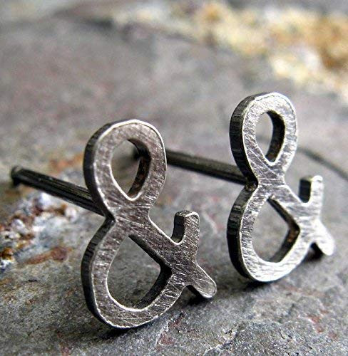 Ampersand stud earrings antiqued sterling silver post jewelry. And symbol handmade in the USA