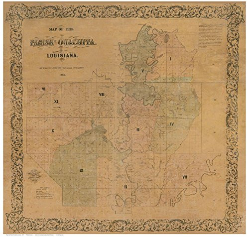 Ouachita Parish Louisiana 1858 - County Wall Map with Landowner Names and Farm Lots - Old Map Reprint