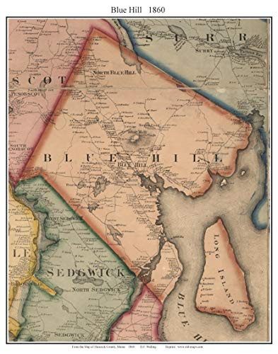 Blue Hill 1860 Old Town Map with Homeowner Names Maine - Reprint Hancock County ME
