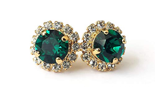 Swarovski Emerald Halo Gold Stud Earrings Wedding Bridal Green Crystal Rhinestone Post Jewelry Swarovski Emerald Halo Gold Stud Earrings Wedding Bridal Green Crystal Rhinestone Post Jewelry