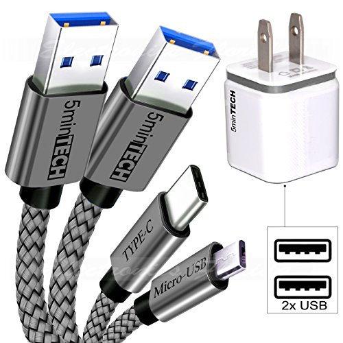 3 PACK [MIcro USB + Type C + Wall Charger] (3 Feet) Nylon Braided USB Data Sync Charging Cable (Silver)