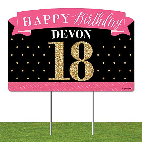 Big Dot of Happiness Personalized Chic 18th Birthday - Pink Black and Gold - Birthday Party Yard Sign Lawn Decorations - Happy Birthday Custom Name Party Yardy Sign