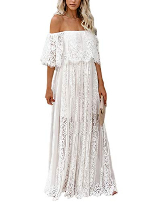 Ecosunny Women s Deep V Neck Short Sleeve Floral Lace Bridesmaid Maxi Dress Party Gown L White Off Shoulder Ecosunny Women s Deep V Neck Short Sleeve Floral Lace Bridesmaid Maxi Dress Party Gown L White Off Shoulder