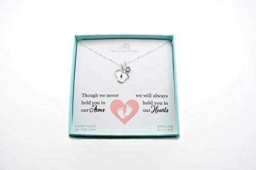 Baby Footprints Charm Pendant with Blue Swarovski Crystal in Sterling Silver on 18 inch Sterling Silver Cable Chain with 2 inch extender. Bereavement Gift