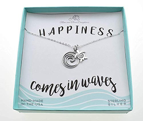 Sea Turtle and Ocean Wave Pendant Charms in Sterling Silver on an 18 Inch Sterling Silver Cable Chain. Gift for Surfer.