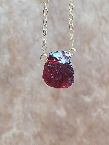 Dainty Raw Garnet Gemstone Necklace Gold - 16 Inch Length January Birthstone Gift For Women