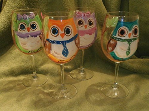 Hand painted owls sitting in a tree. So cute. Great set. usa. Set of 4 goblets.. 20 ounces each.