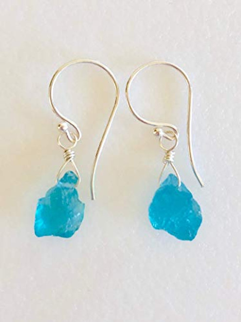 Raw Apatite Gemstone Earrings Turquoise Blue Apatite Nuggets Madagascar Blue Apatite Bridal Sterling Silver.