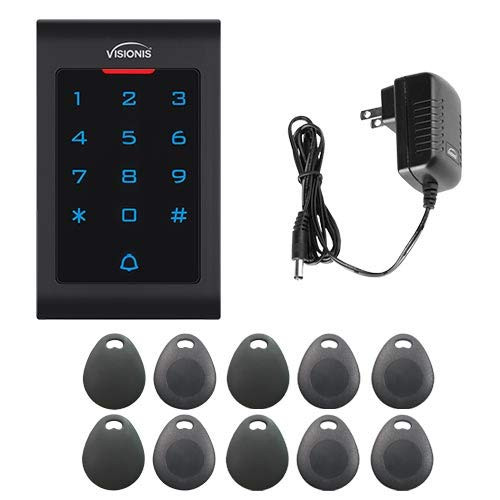 Visionis FPC-5674 Access Control Indoor Digital Touch Keypad Reader RFID EM MFR Standalone 125KHz and Wiegand 2000 Users with Doorbell and 10 Proximity Key Tags with Power Adapter