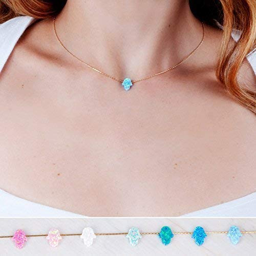 Opal Hamsa Choker Necklace in Gold Filled Sterling Silver Rose Gold - Length  13.5  plus 3 inches