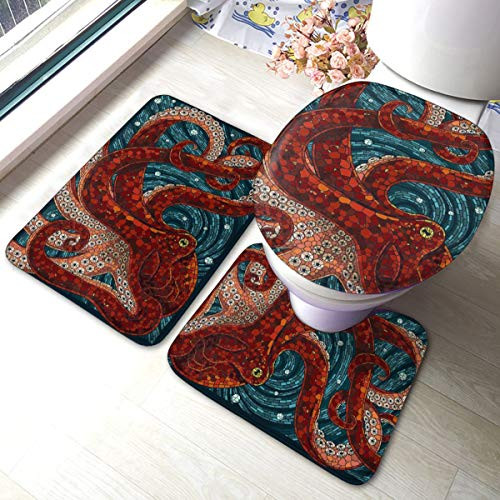 KAIYANJIXIE Sea Monster Octopus Kraken with Tentacles Modern Bathroom Decor Set 3 Pieces Washable Bath Rug U-Shaped Contour Mat and Lid Cover