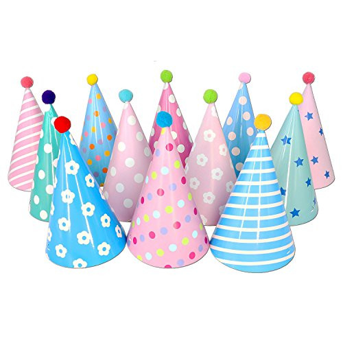 Beurio Kids Happy Birthday Paper Party Cone Hats with Pom Poms, 12ct