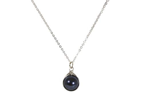 Sterling Silver Navy Blue Pearl Necklace with Night Blue Swarovski Pearl Pendant Wire Wrapped