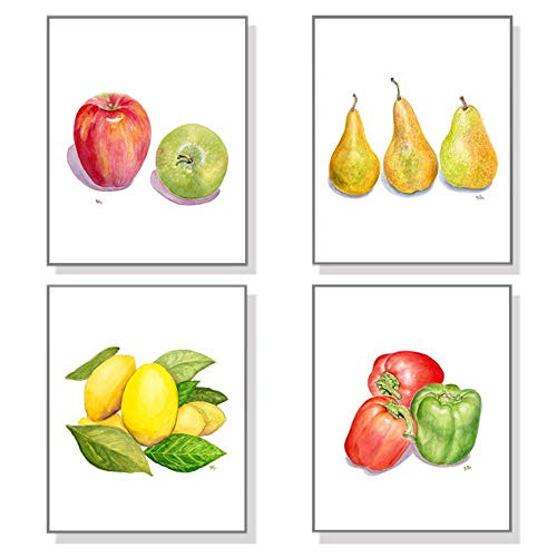 Fruit  and  Vegetable Art Prints Set of 4 Unframed Original Watercolor Kitchen Wall Art Home Wall Decor Signed By Artist Apples Lemons Pears Peppers