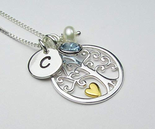 Personalized Family Tree Necklace with Birthstone Initial Necklace Sterling Silver Mothers Jewelry Gift for Women Tree of Life Pendant Personalized Family Tree Necklace with Birthstone Initial Necklace Sterling Silver Mothers Jewelry Gift for Women Tree of Life Pendant