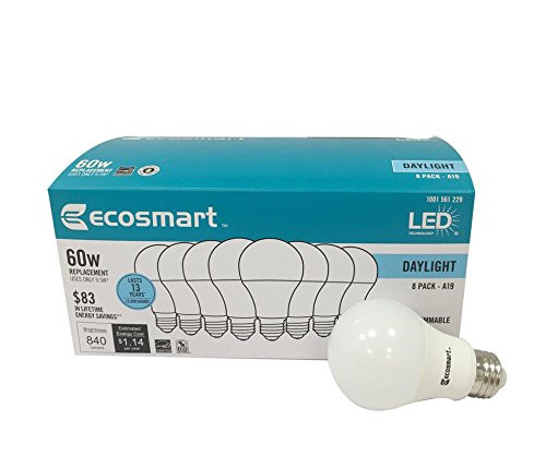 Ecosmart 8 Pack A19 - 60 Watt Equivalent Daylight (5000K) LED Light Bulb
