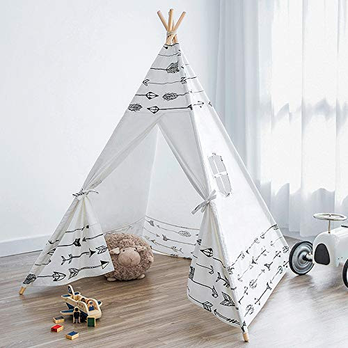 Myshle Teepee Tent for Kids Foldable Kids Play Tent for Girl and Boy with Carry Case  and  Bunting Room Decor Indoor  and  Outdoor Cotton Canvas Teepee
