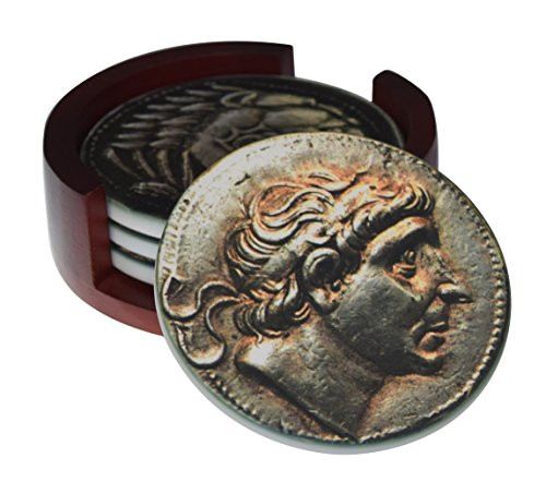 Ancient Coin Coasters- 4-Piece Sandstone Coaster Set - Caddy Included