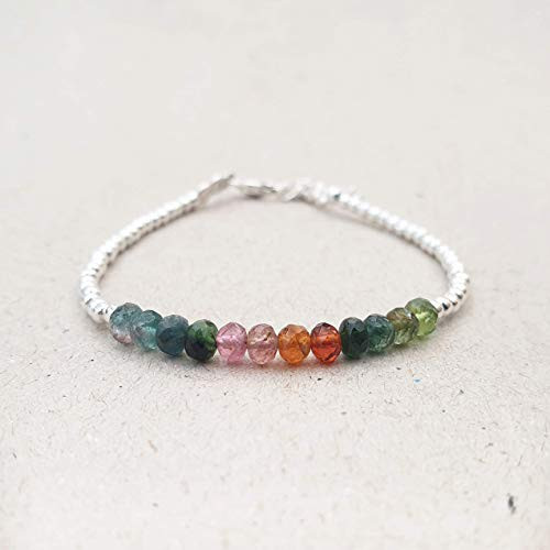 Watermelon Tourmaline Bracelet for Women Sterling Silver Beads Dainty Handmade Beaded Jewelry