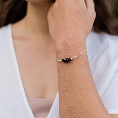 Garnet Bead Bar Bracelet in 925 Sterling Silver - Genuine Gemstone