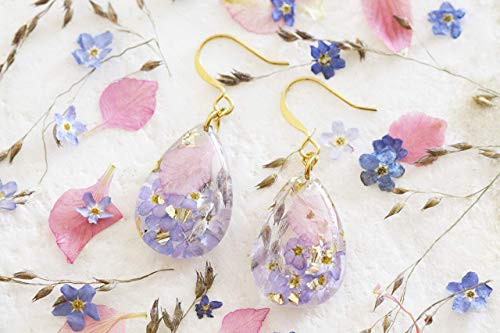 Nature Inspired Drop Earrings with Blue Forget-Me-Not Flowers and Pink Rocket Larkspur Petals and Gold Flakes Nature Inspired Handmade Drop Earrings Nature Inspired Drop Earrings with Blue Forget-Me-Not Flowers and Pink Rocket Larkspur Petals and Gold Flakes Nature Inspired Handmade Drop Earrings