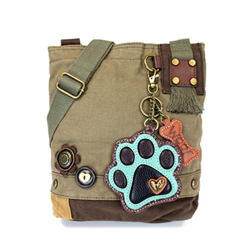 Chala Canvas Crossbody Messenger handBags with Keyfob Coin Purse -  Green Paw   Olive -Teal Paw