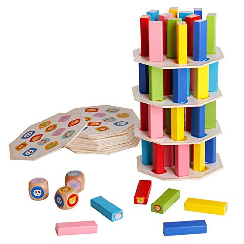 ZLMFK Wooden Tower Stacking Game Fine Motor Skill Building Blocks with Dice Toppling Leaning Tower Toy Family Party Games for Kids and Adults Boys and Girls Birthday Gift