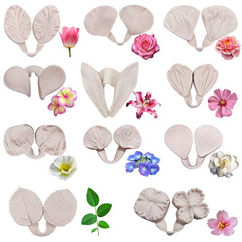 11Set Gumpaste Flower Silicone Mold kit-Sugar Paste Veining MoldGum Paste Flower Tools Fondant Flower Silicone Mold for Wedding Flower Cake Decorating Chocolate Sugar SoapPolymer Clay