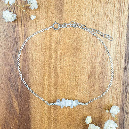 Moonstone bead bar crystal gemstone anklet in 925 sterling silver - 8 inch chain with 2 inch adjustable extender - June birthstone